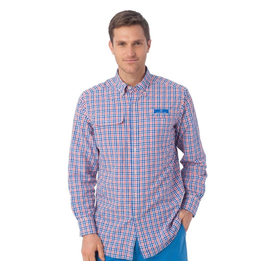 Southern Tide Tarpon Plaid Fishing Shirt Hot Coral Men's Small Performance